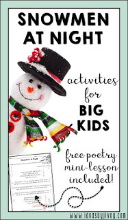 Snowmen at Night is a great book for kids of ALL ages, not just little kids! Get some great ideas for the upper elementary kids to use with the mentor text in this blog post. Students will identify poetry elements, write their own poem, and create an art activity to go with their poem for a hallway display!