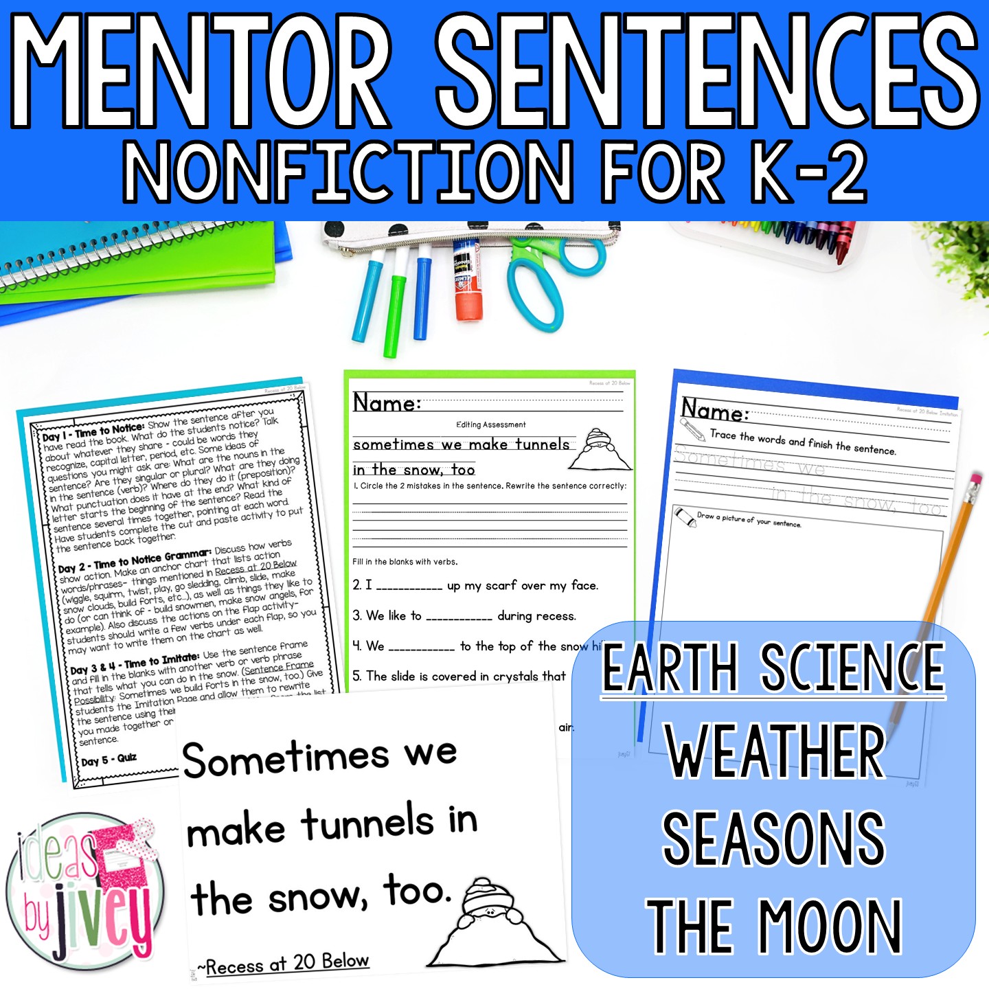 Nonfiction mentor sentences for K-2 on weather, seasons, and the moon