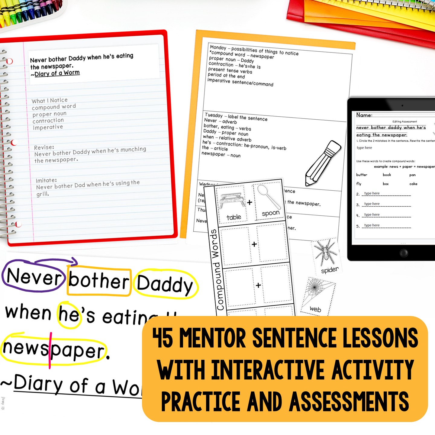 Mentor sentence lesson with teacher and student sentence pages