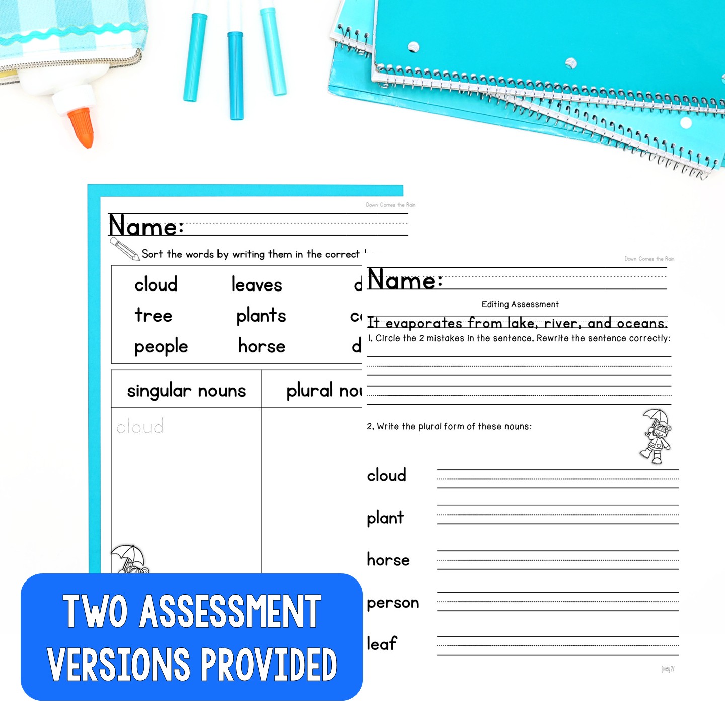 Weekly skill quiz in two versions, emergent and second grade