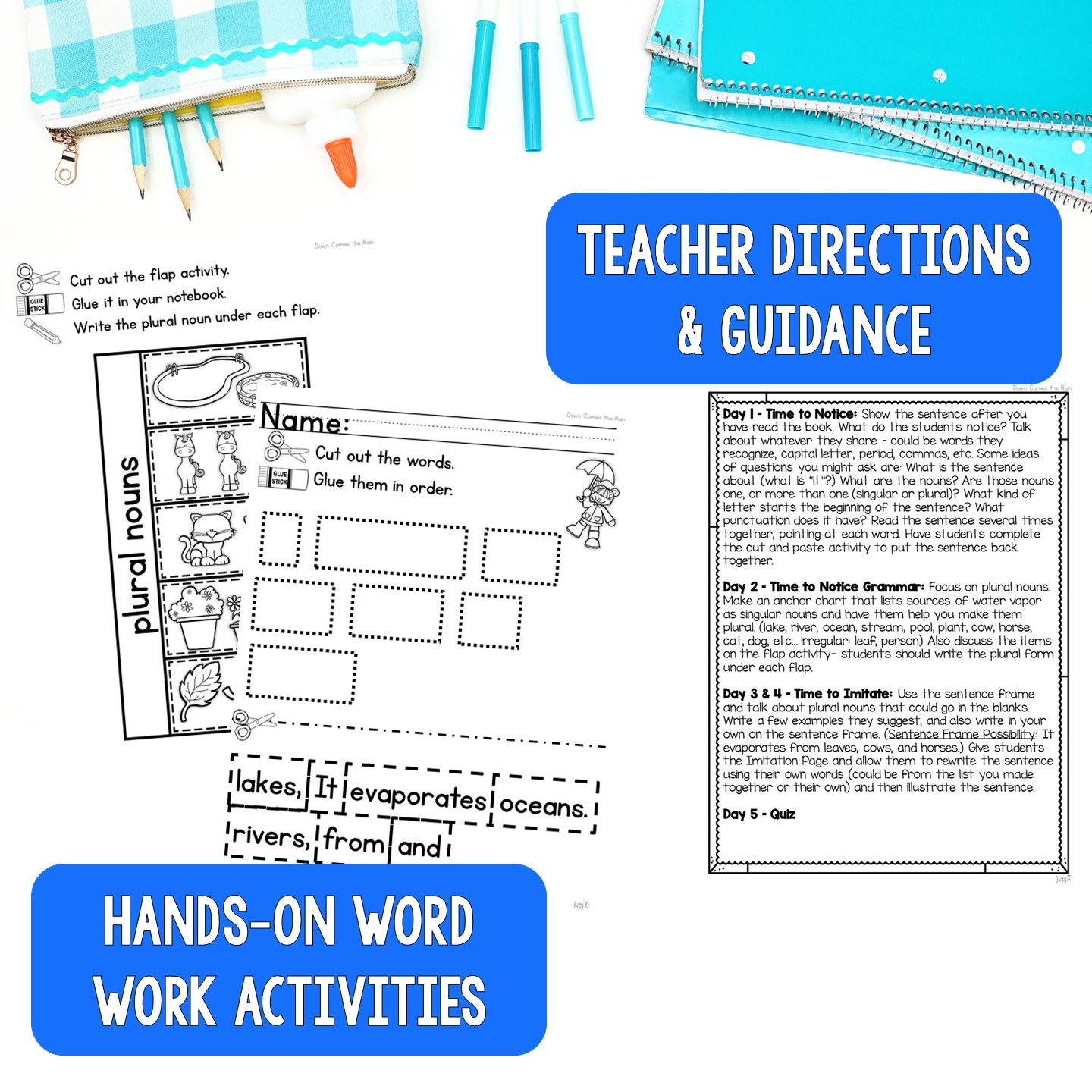 Mentor sentence lesson pages with a teacher sentence and cut-apart words for students to rebuild