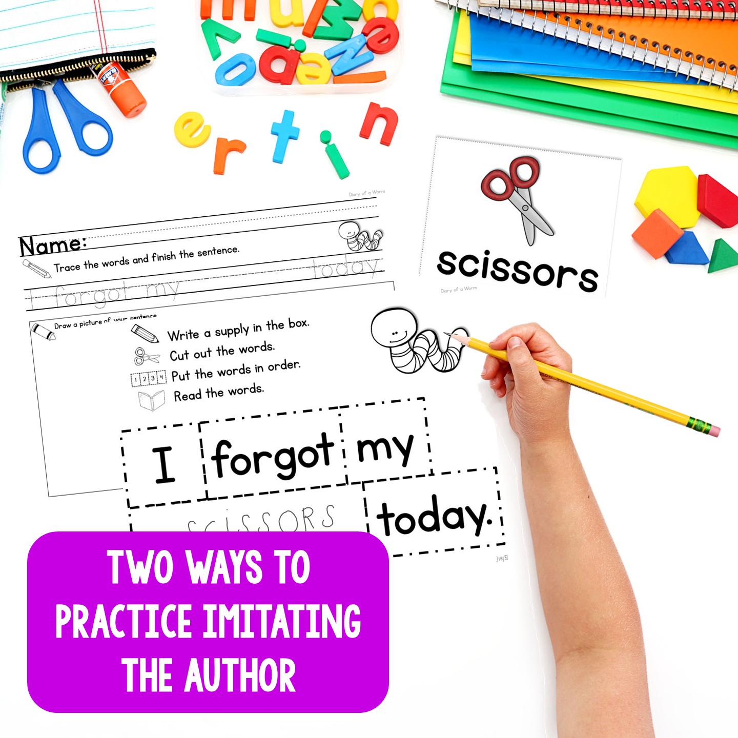 Kindergarten student sentence page with mentor sentence words cut apart to glue in order