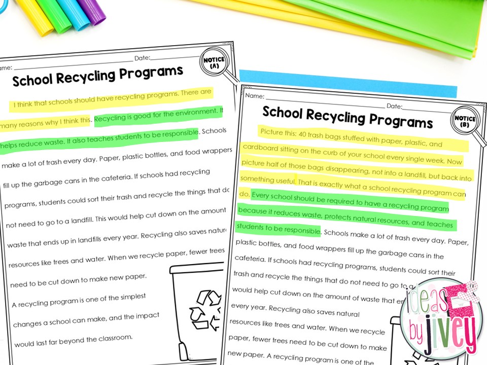 before and after example of a weak lead revised with a good hook for opinion writing