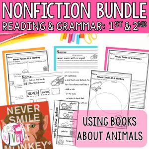 Animal reading comprehension bundle for 1st and 2nd grade with nonfiction reading, writing, and mentor sentences
