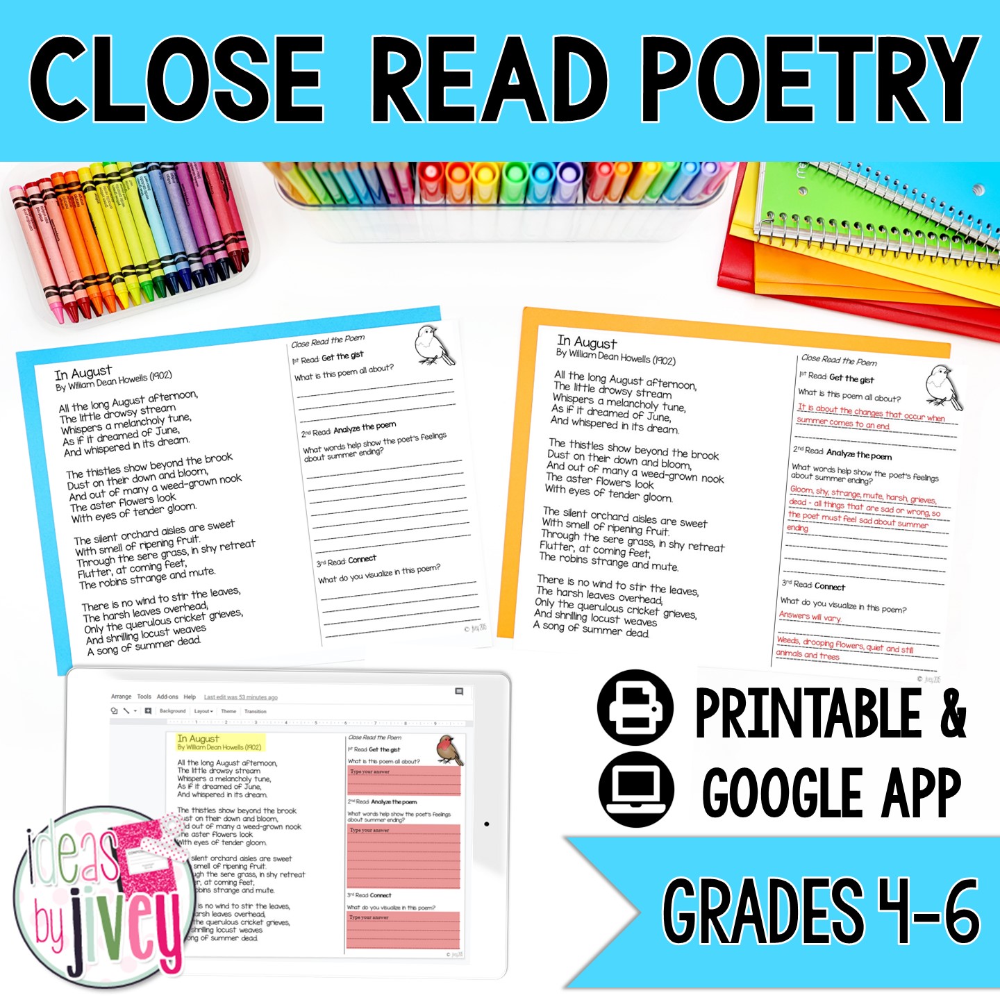 Close Read Poetry, grades 4 to 6, printable and Google app