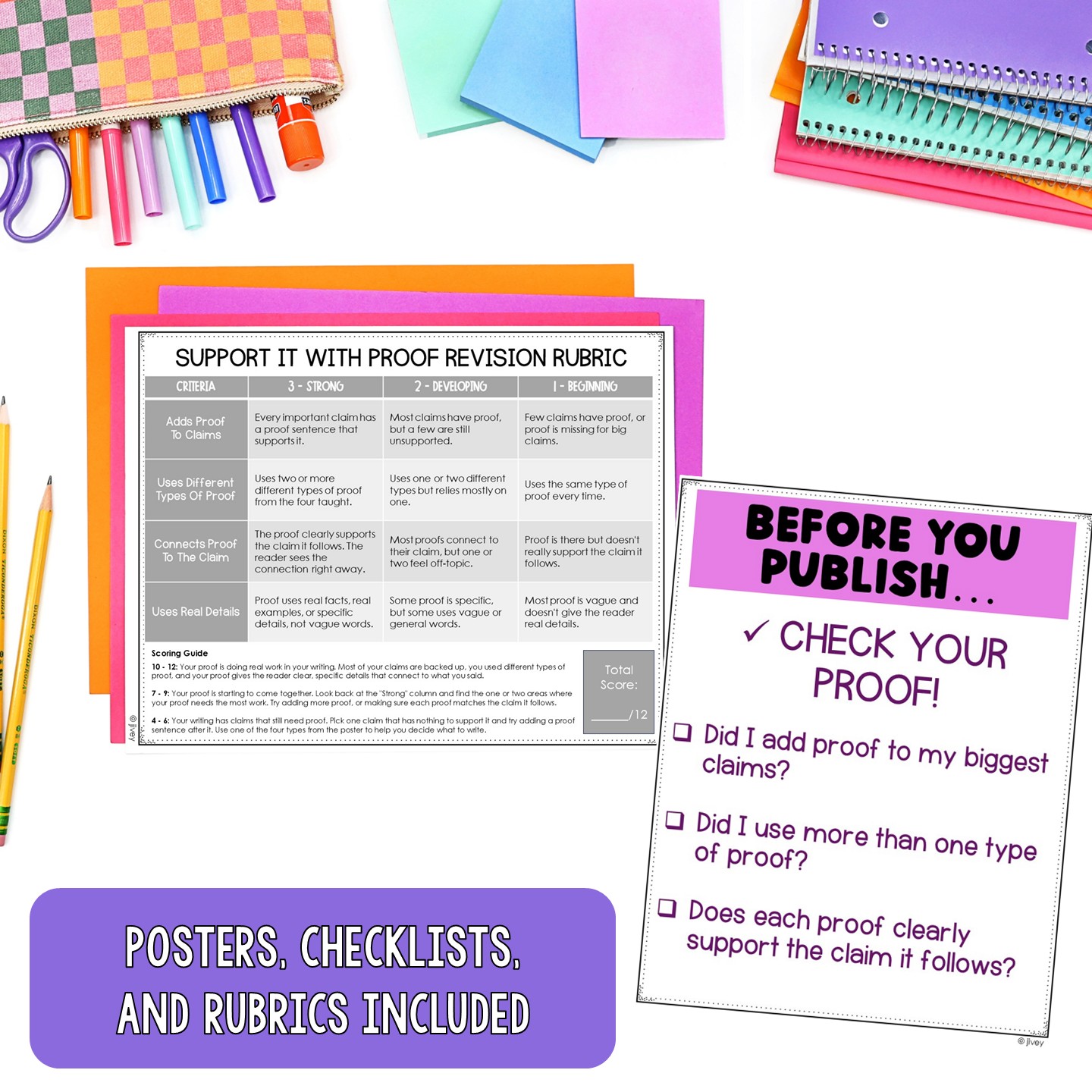 Before You Publish checklist and Support It With Proof revision rubric, grades 2-3