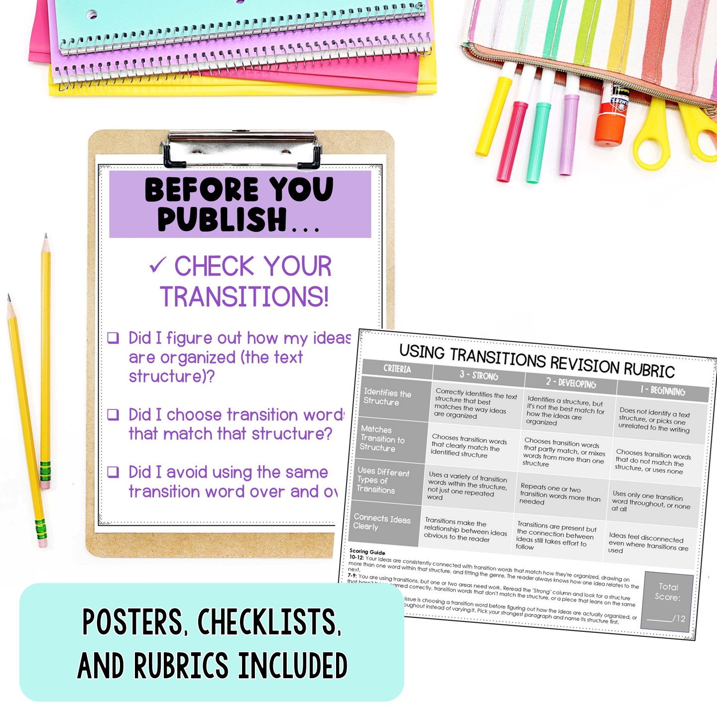 Before You Publish checklist and Using Transitions revision rubric, grades 2-3
