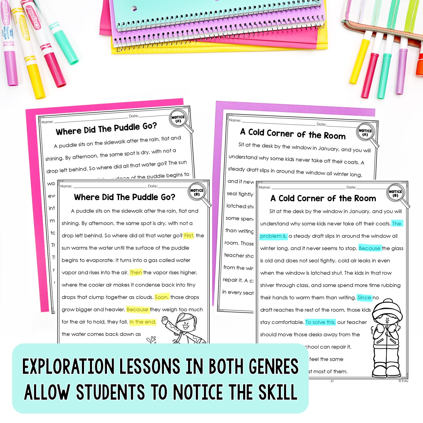 Exploration lessons on transitions that match text structure in weather passages, grades 2-3